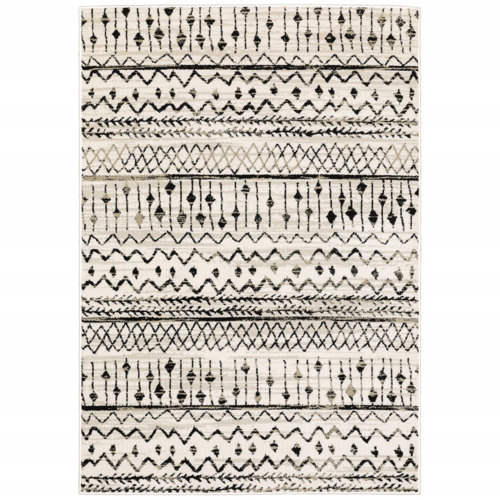 10 x 13 Ivory and Black Eclectic Patterns Indoor Area Rug