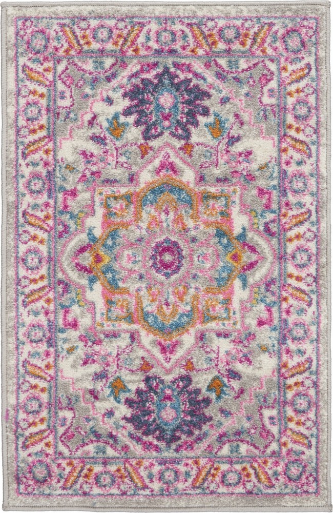2 x 3 Light Gray and Pink Medallion Scatter Rug