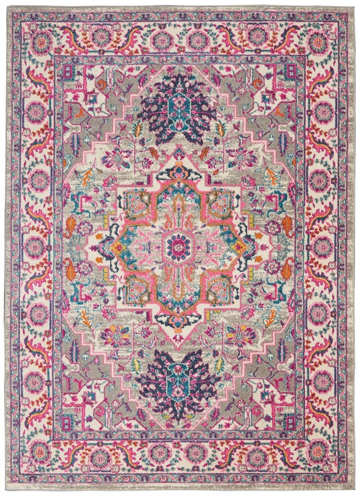 5 x 7 Light Gray and Pink Medallion Area Rug
