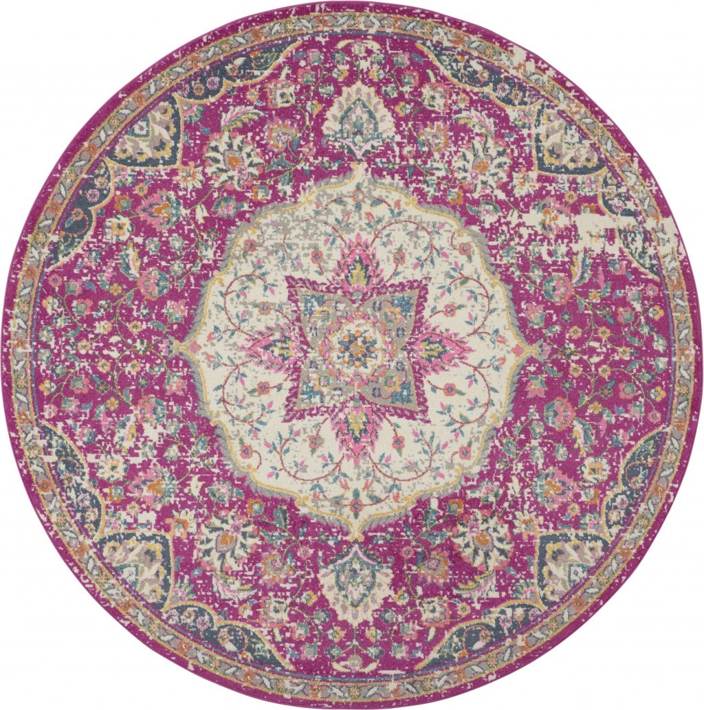 5 Round Pink and Ivory Medallion Area Rug