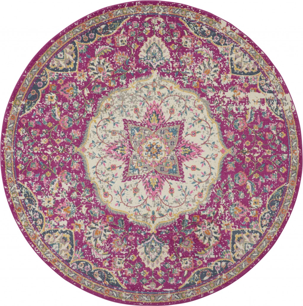 8 Round Pink and Ivory Medallion Area Rug
