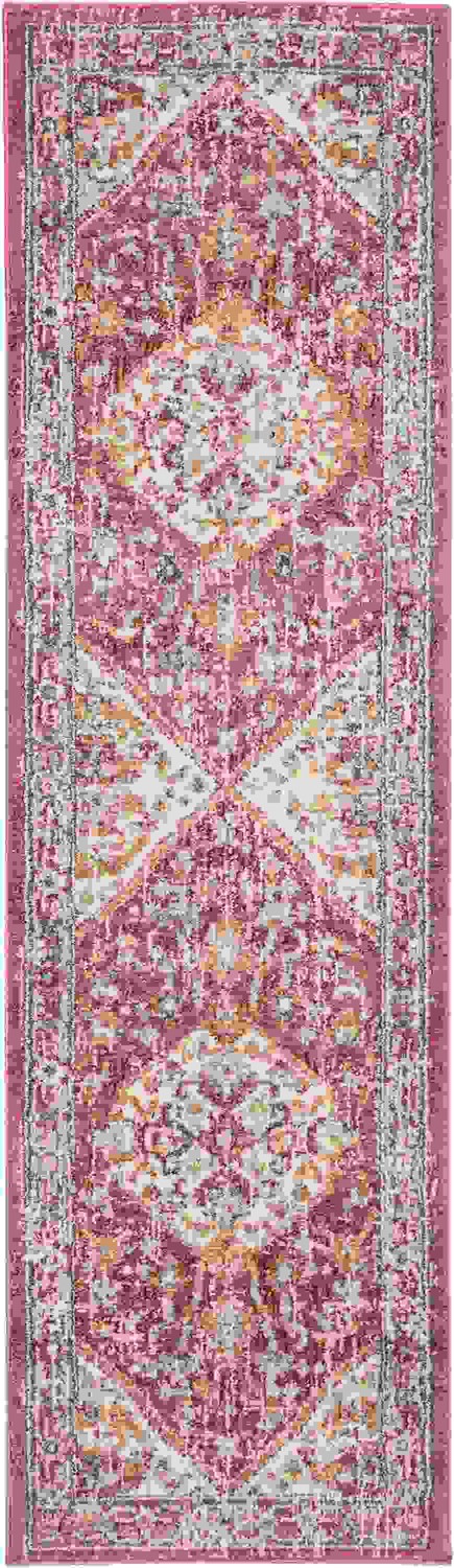 2 x 8 Ivory and Pink Oriental Runner Rug