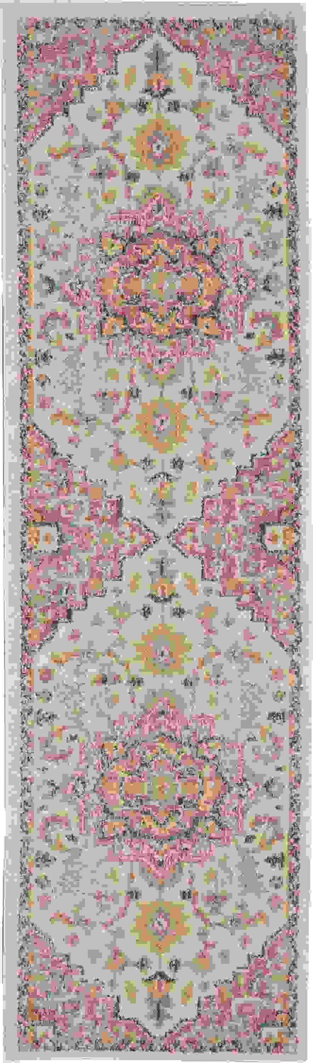 2 x 8 Ivory and Pink Medallion Scatter Rug