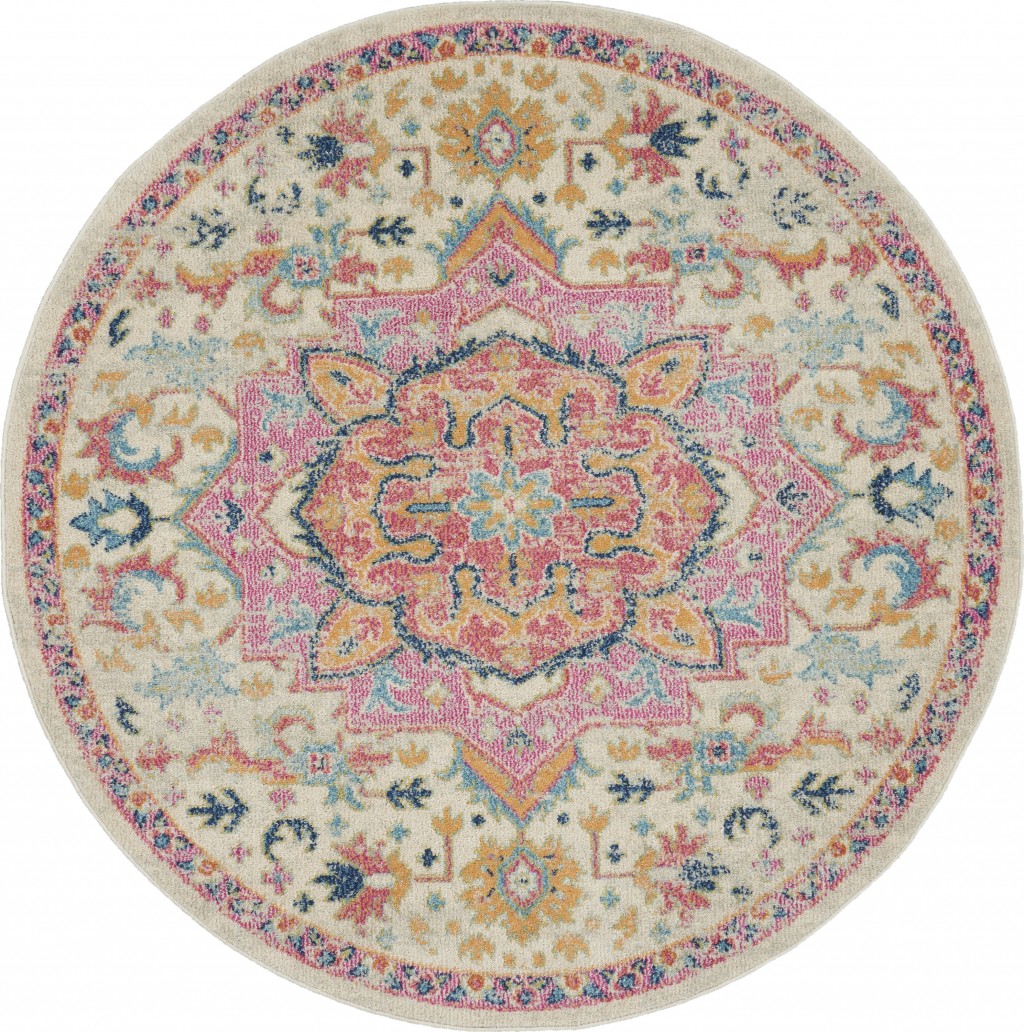 5 Round Ivory and Pink Medallion Area Rug