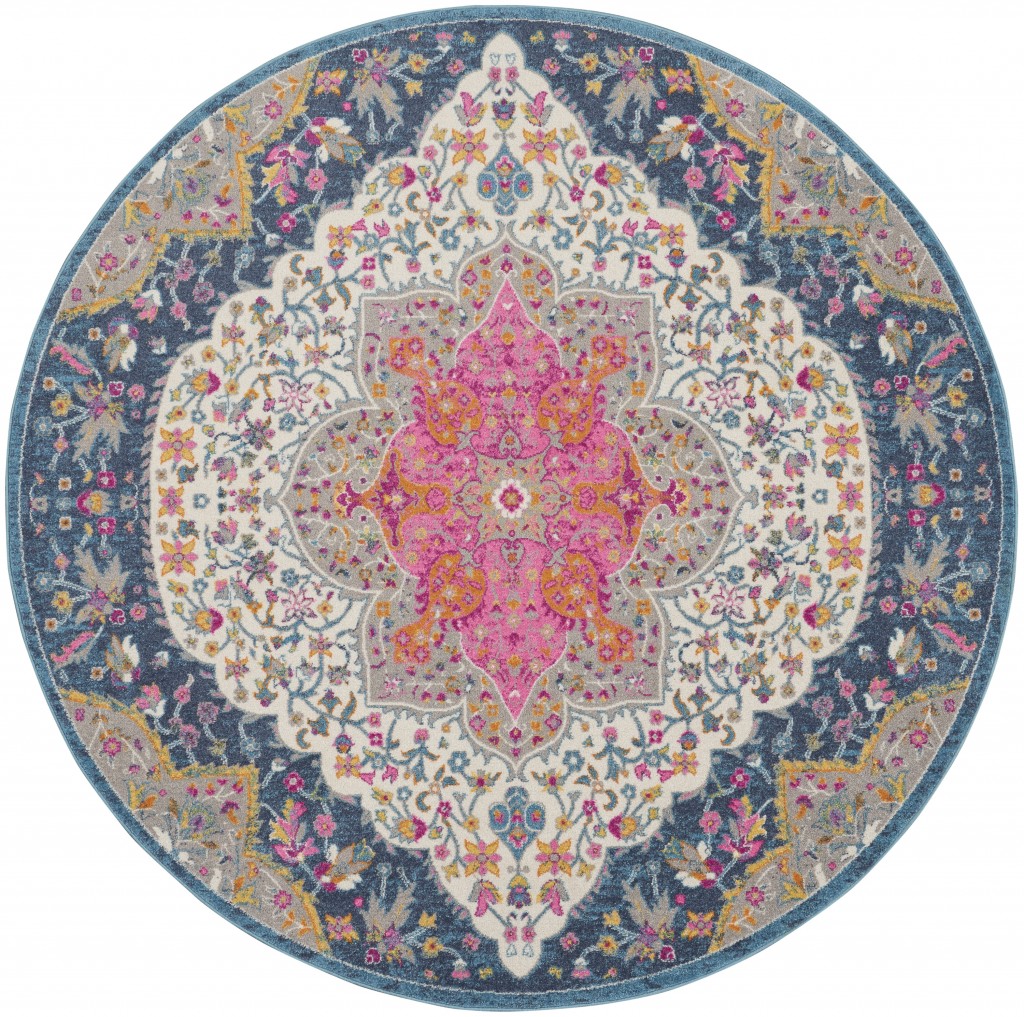8 Round Blue and Pink Medallion Area Rug