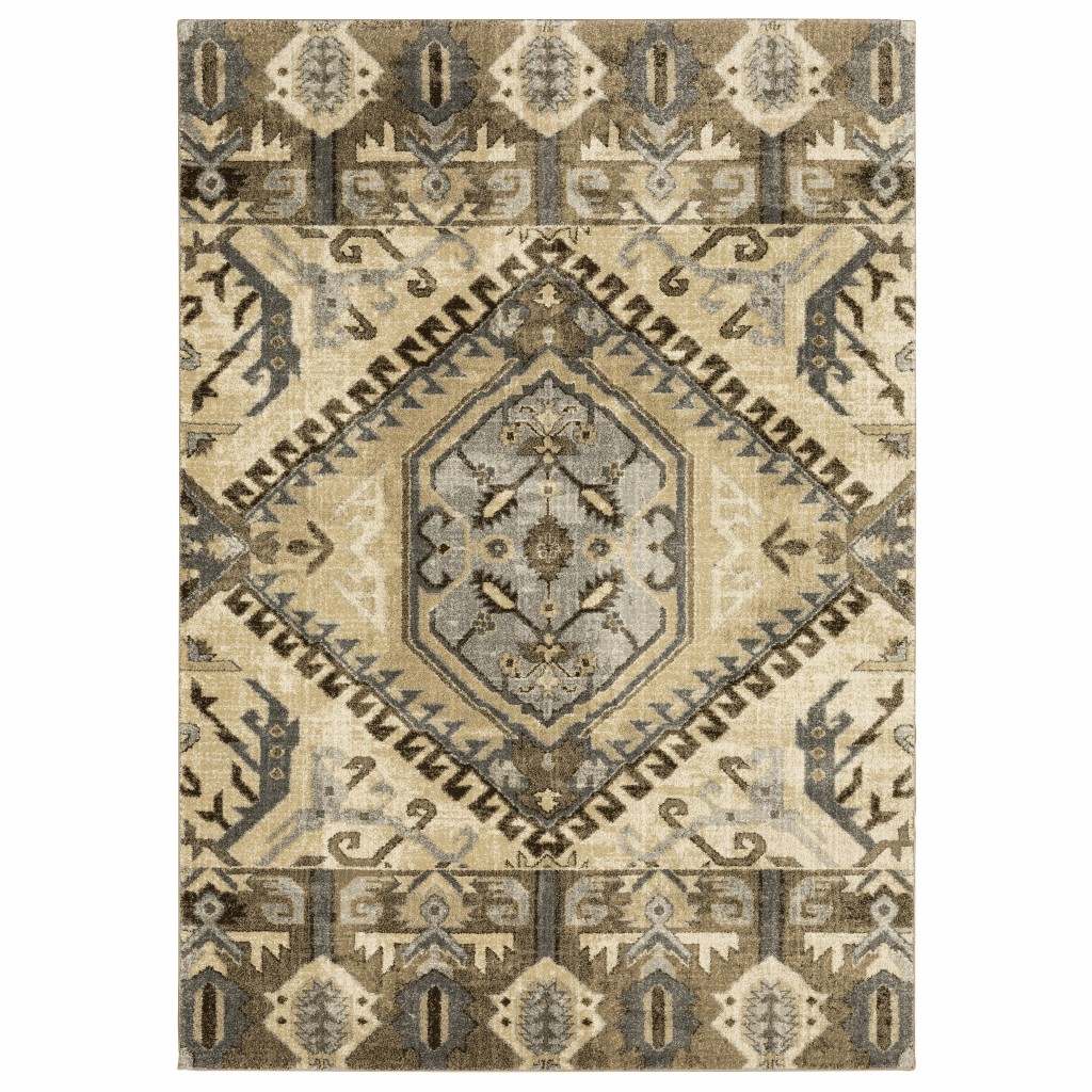 10 x 13 Tan and Gold Central Medallion Indoor Area Rug