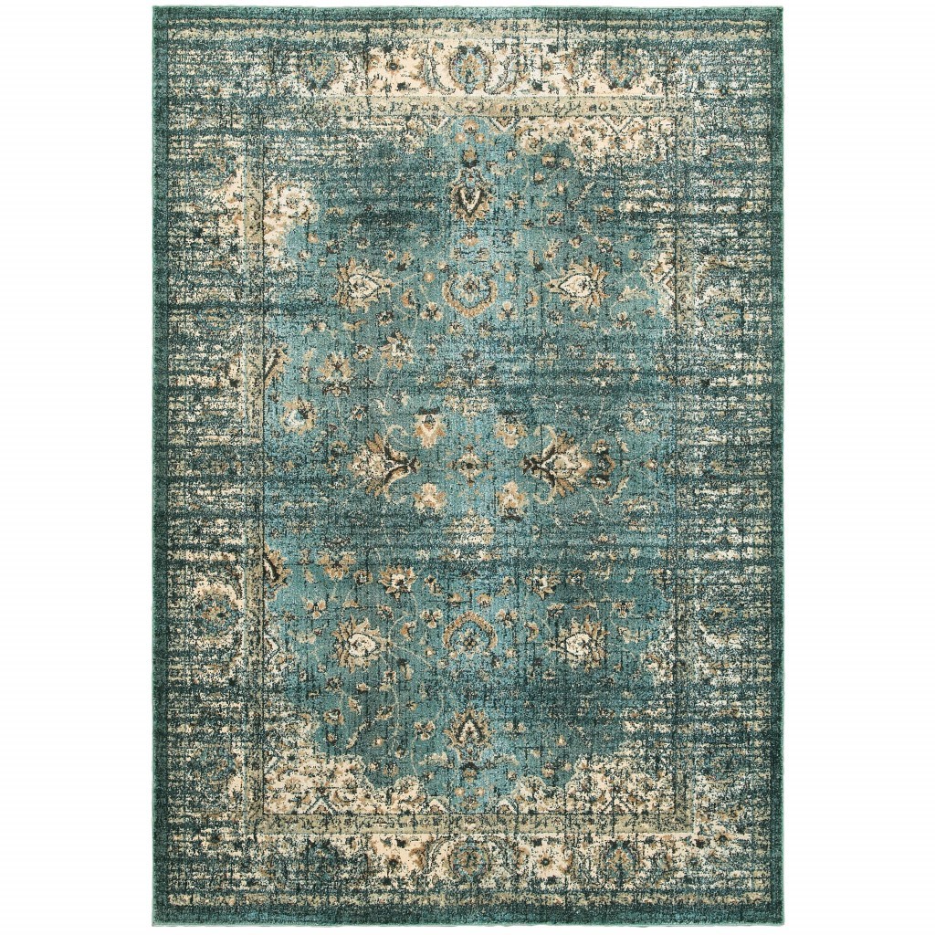 10 x 13 Peacock Blue and Ivory Indoor Area Rug
