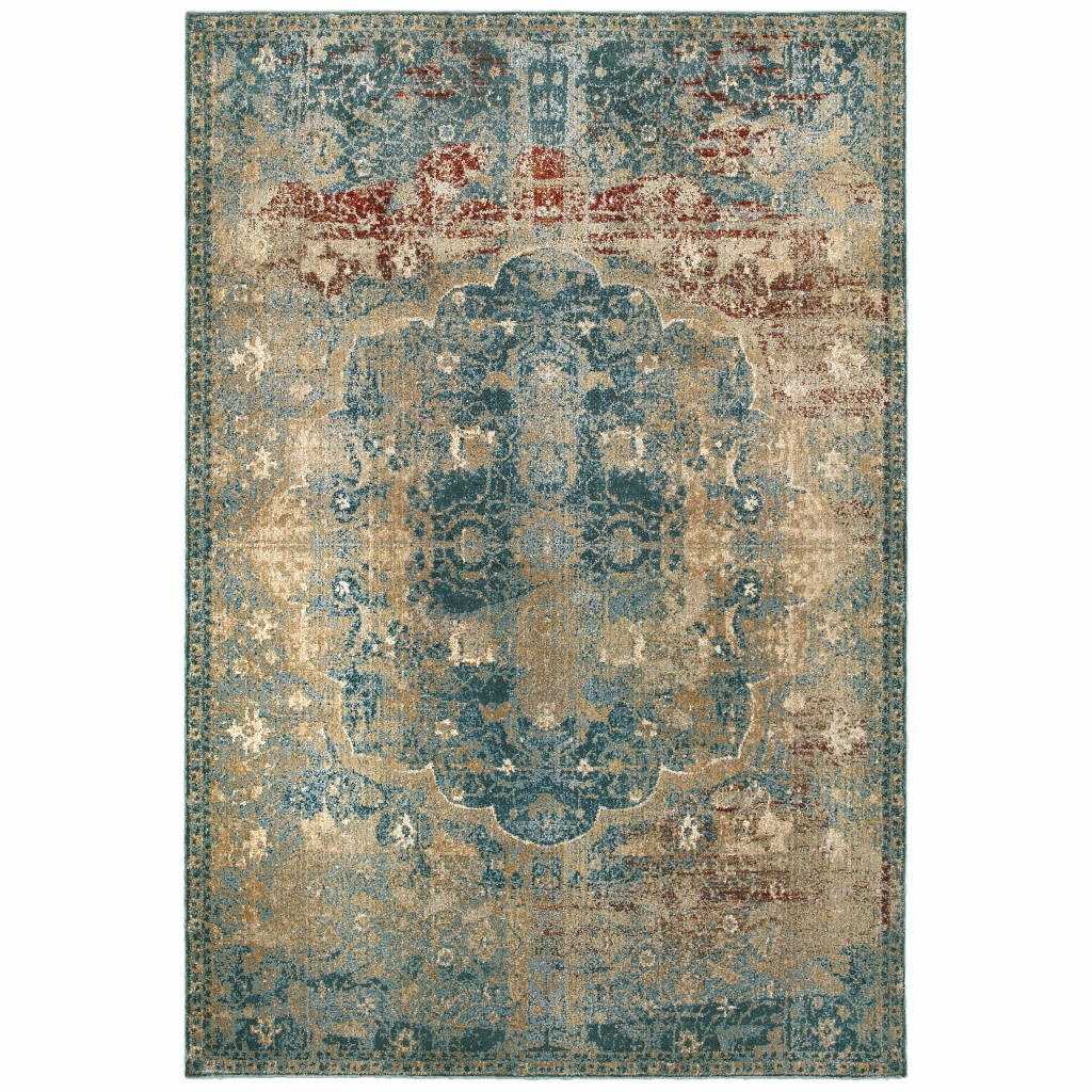 10 x 13 Sand and Blue Distressed Indoor Area Rug