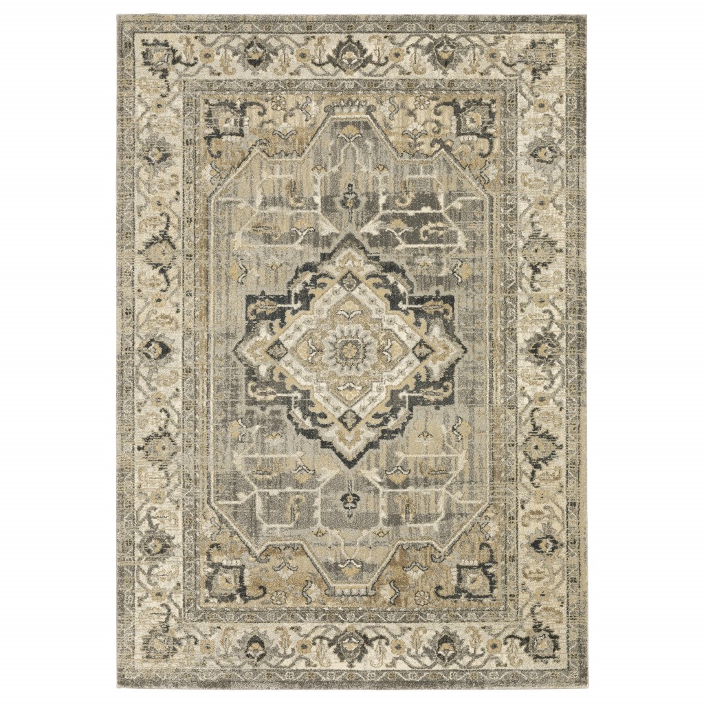 10 x 13 Beige and Gray Traditional Medallion Indoor Area Rug