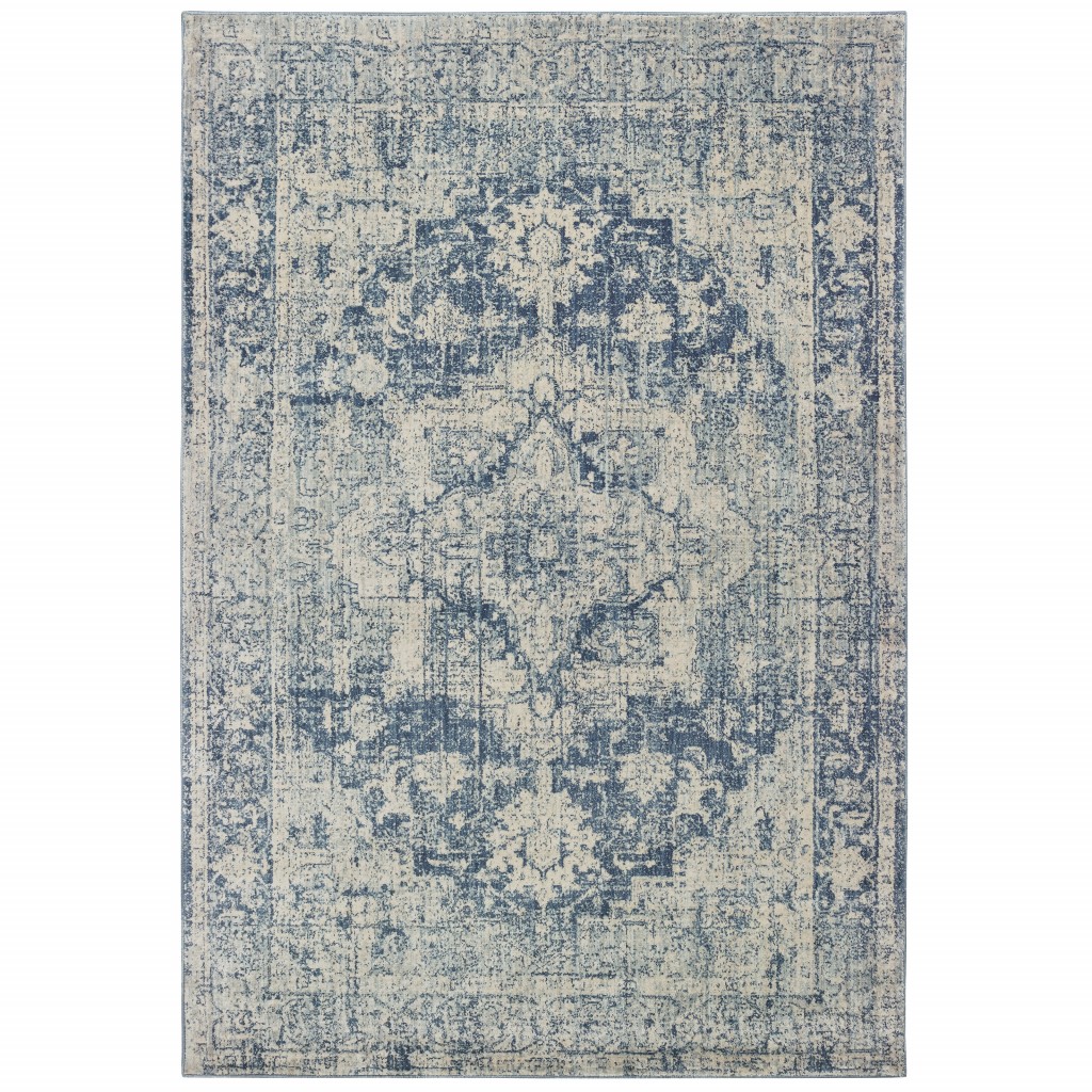 10x13 Ivory and Blue Oriental Area Rug