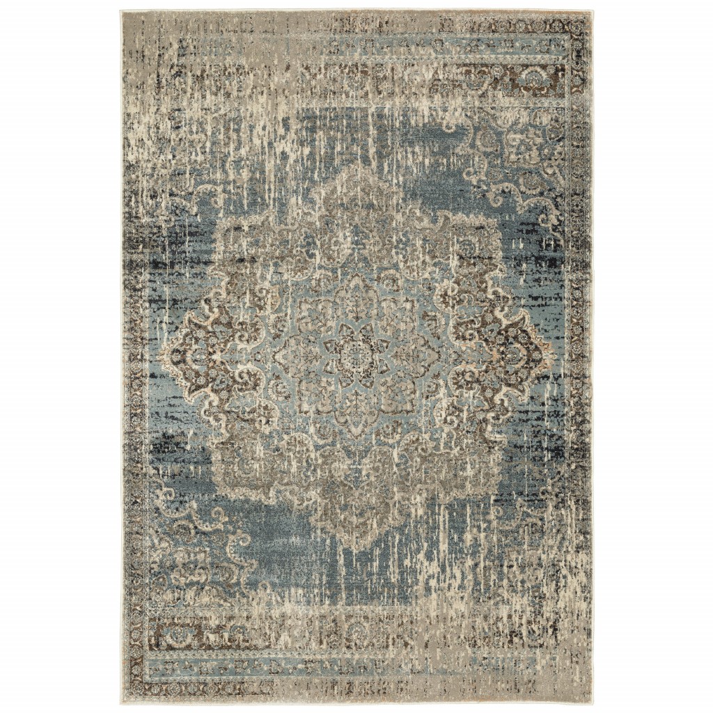10x13 Blue and Ivory Medallion Area Rug
