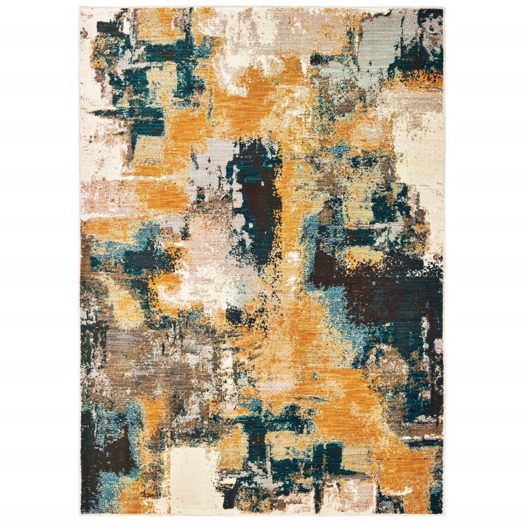 10x13 Blue and Gold Abstract Strokes Area Rug