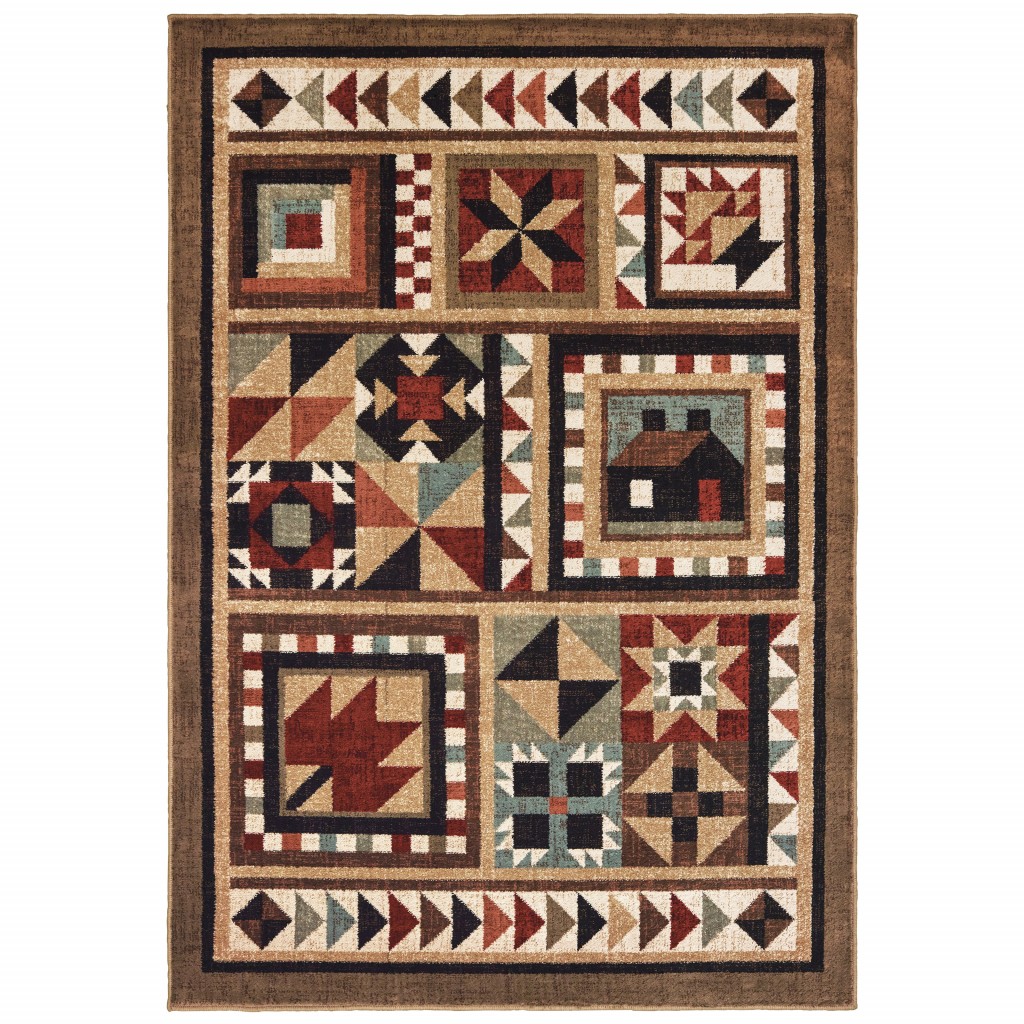 10x13 Brown and Red Ikat Patchwork Area Rug