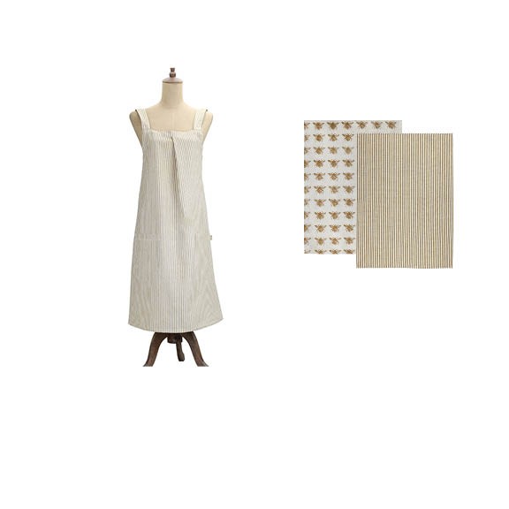 Set of Pale Yellow Striped Apron with Two Tea Towels