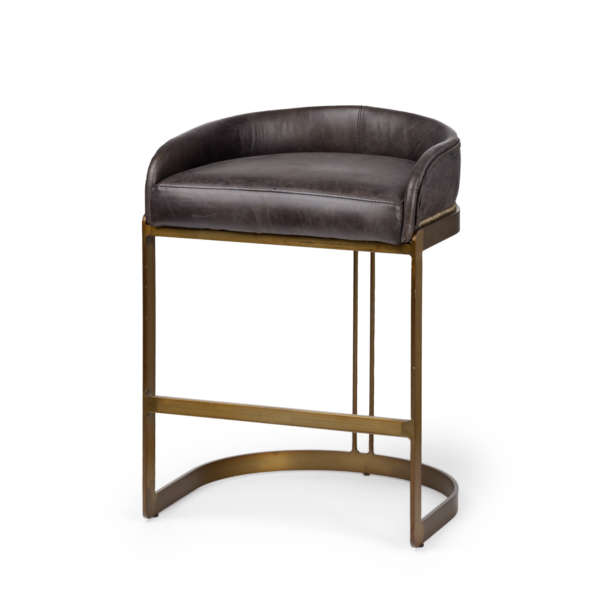 29" Black Leather Antiqued Gold Low Back Counter Stool