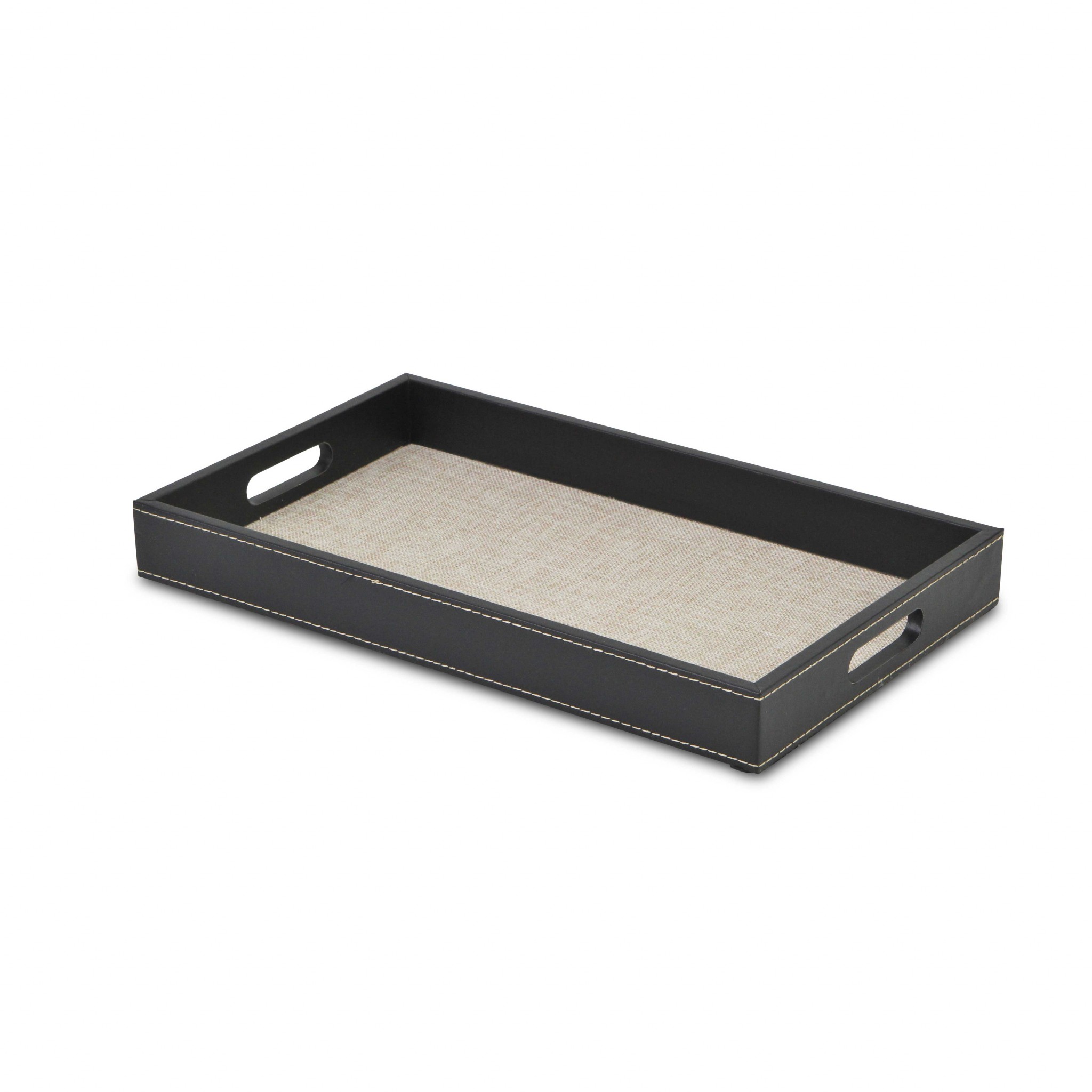 Black and Cream Faux Leather and Linen Serving Tray