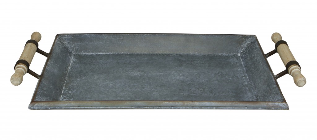 Rustic Galvanized Gray Metal Tray with Rolling Pin Handles