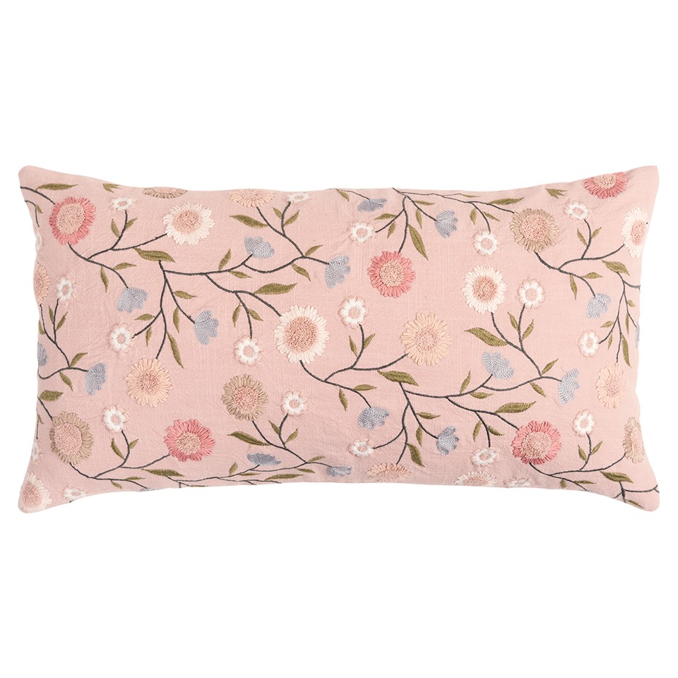 Blush Floral Embroidered Lumbar Pillow