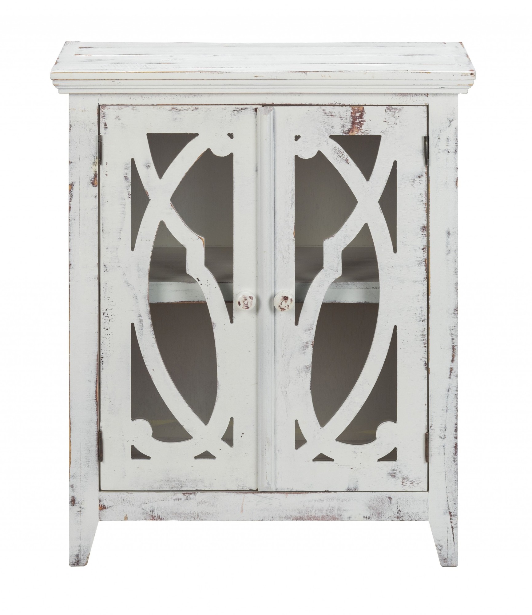 Rustic White Wood and Glass Scrollwork Accent Cabinet