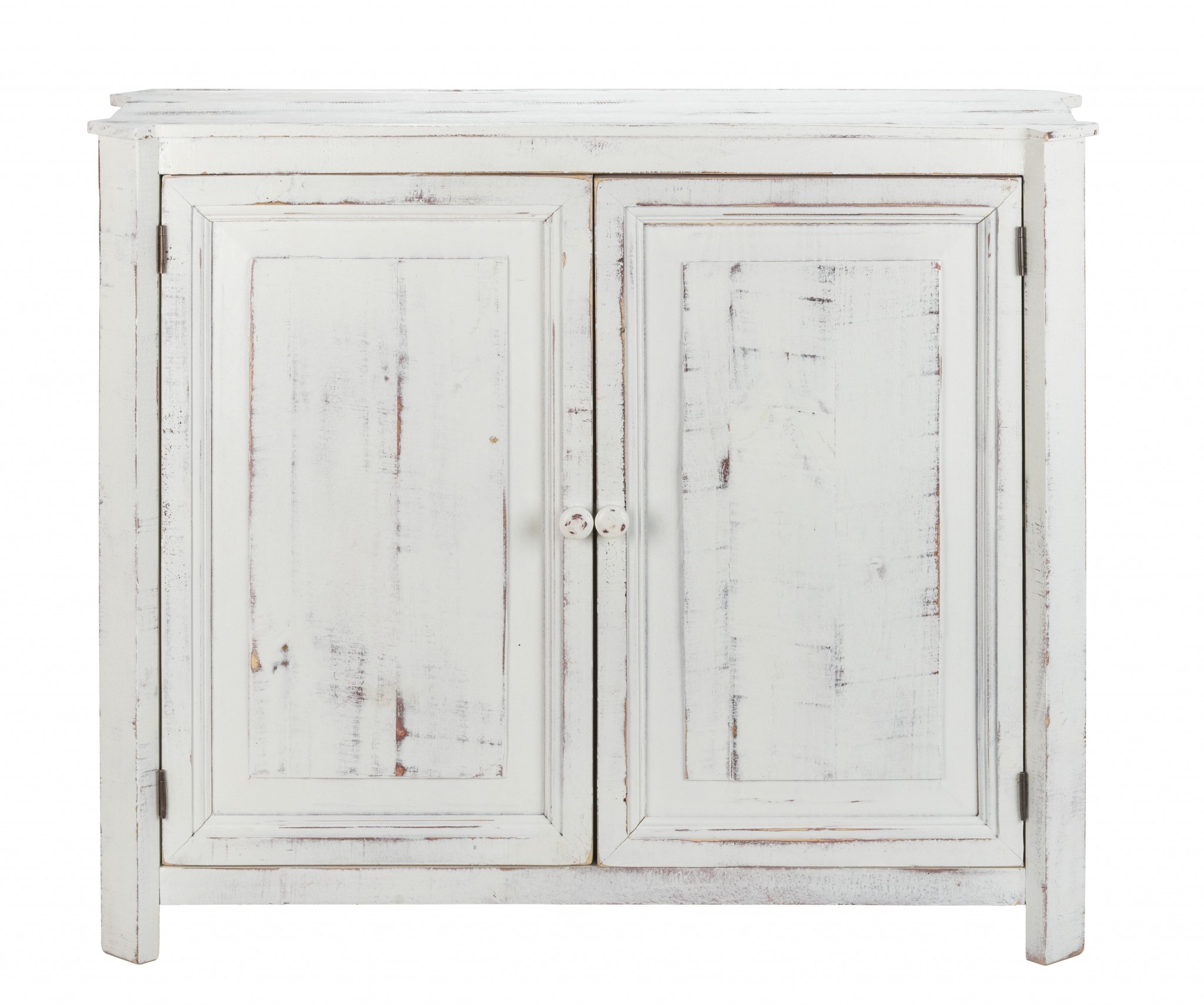 Distressed White Wooden Two Door Accent Cabinet