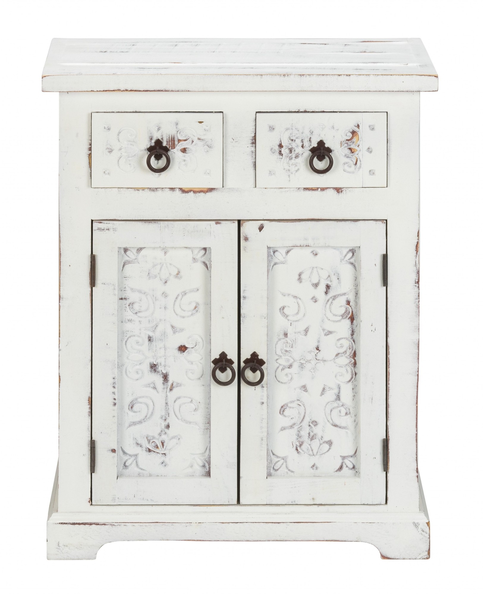 Distressed White Wooden Carved 2 Door and 2 Drawer Cabinet