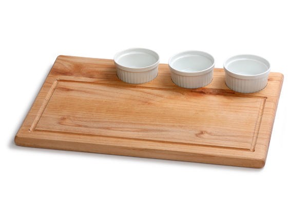 18" Organic Handmade Cutting Board with White Ceramic Ramekins