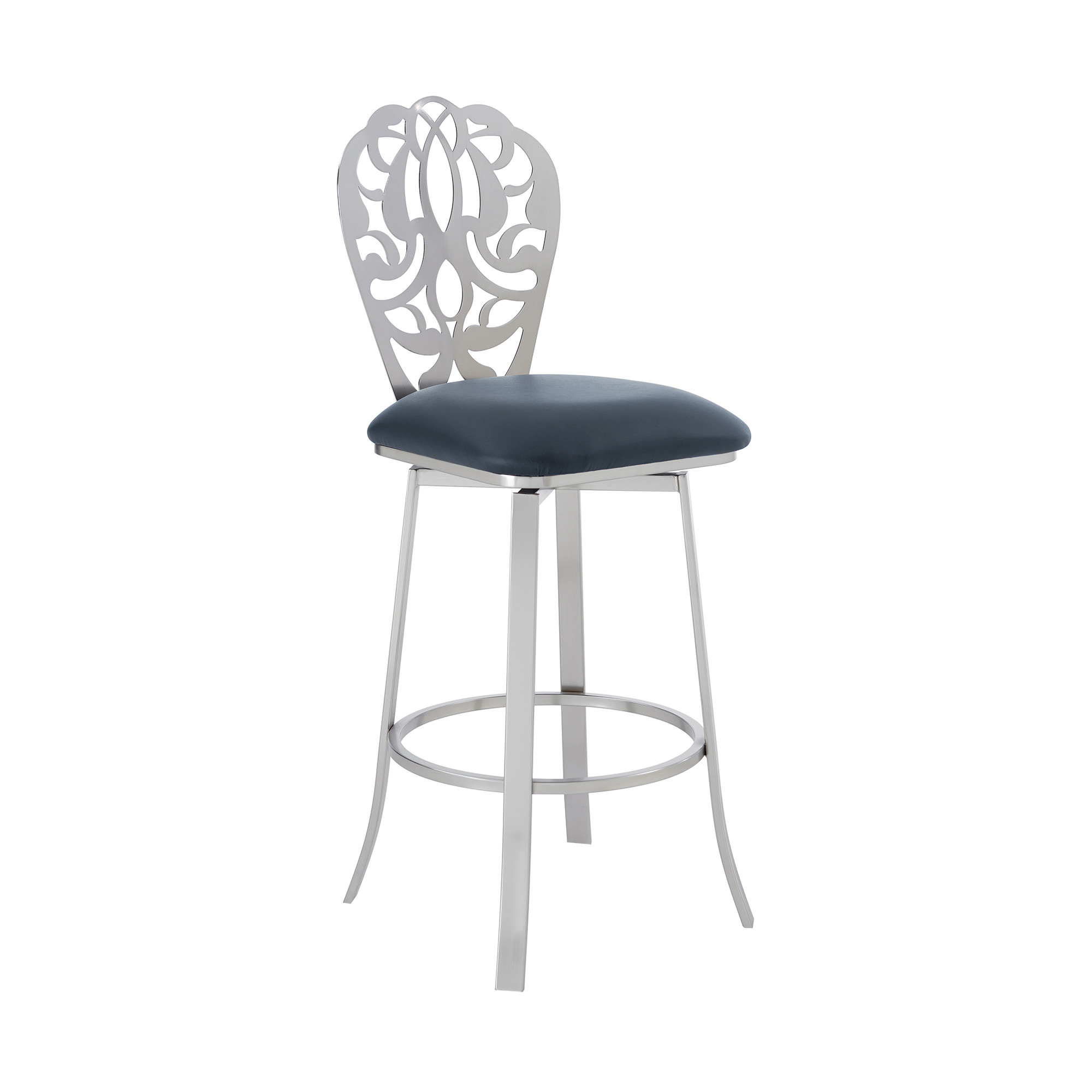 26" Grey Faux Leather Scroll Brushed Stainless Steel Swivel Bar Stool