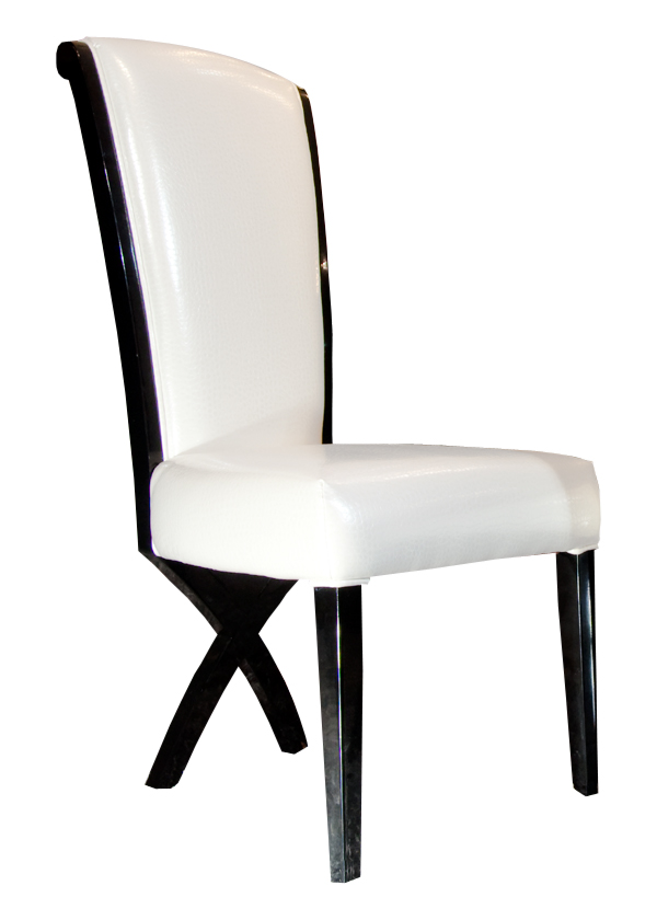 Two 43.5" White Leatherette and Black Wood Dining Chairs with X Shaped Rear Legs