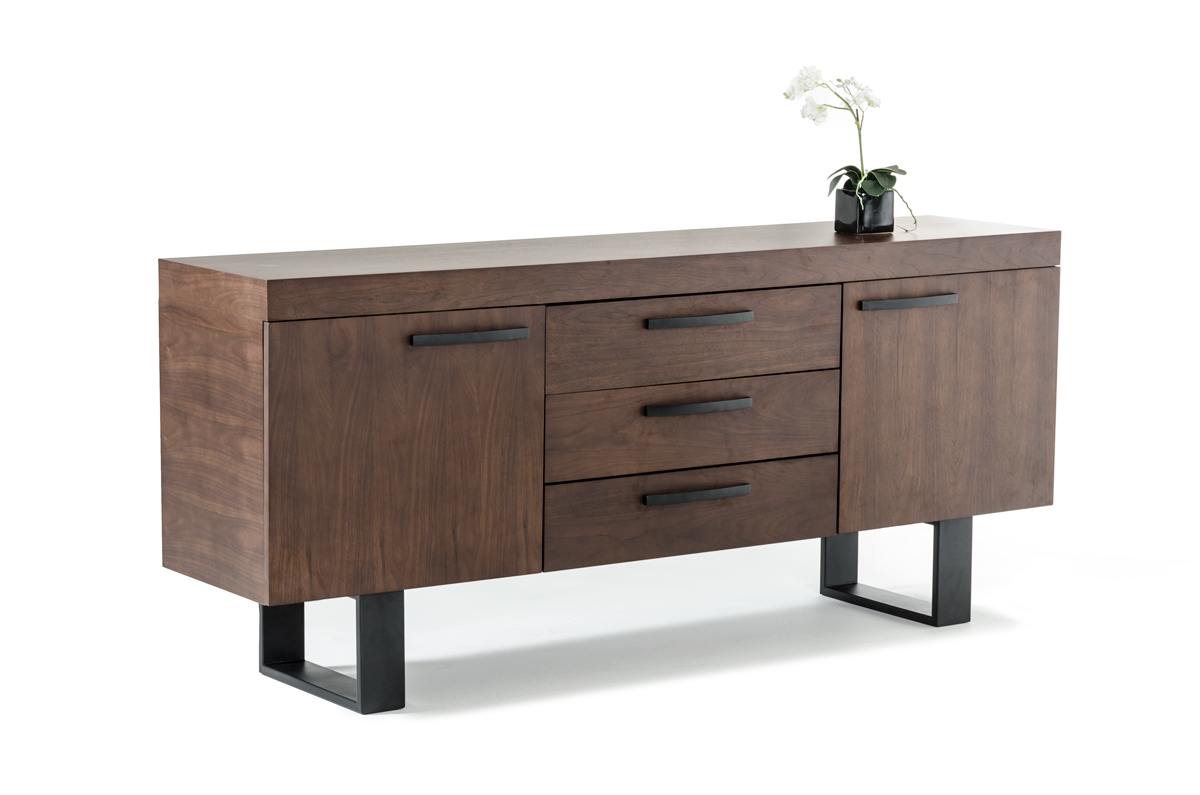 34" Walnut Veneer and Steel Buffet with 3 Drawers and 2 Doors