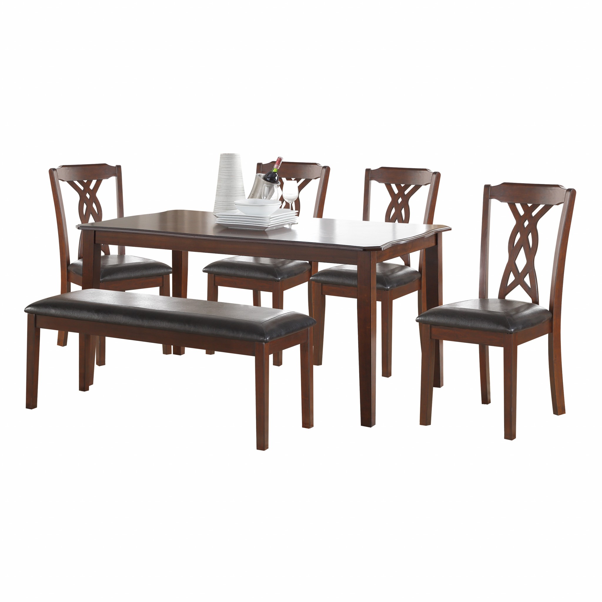 60" X 36" X 30" 6Pc Black Leatherette And Espresso Dining Set