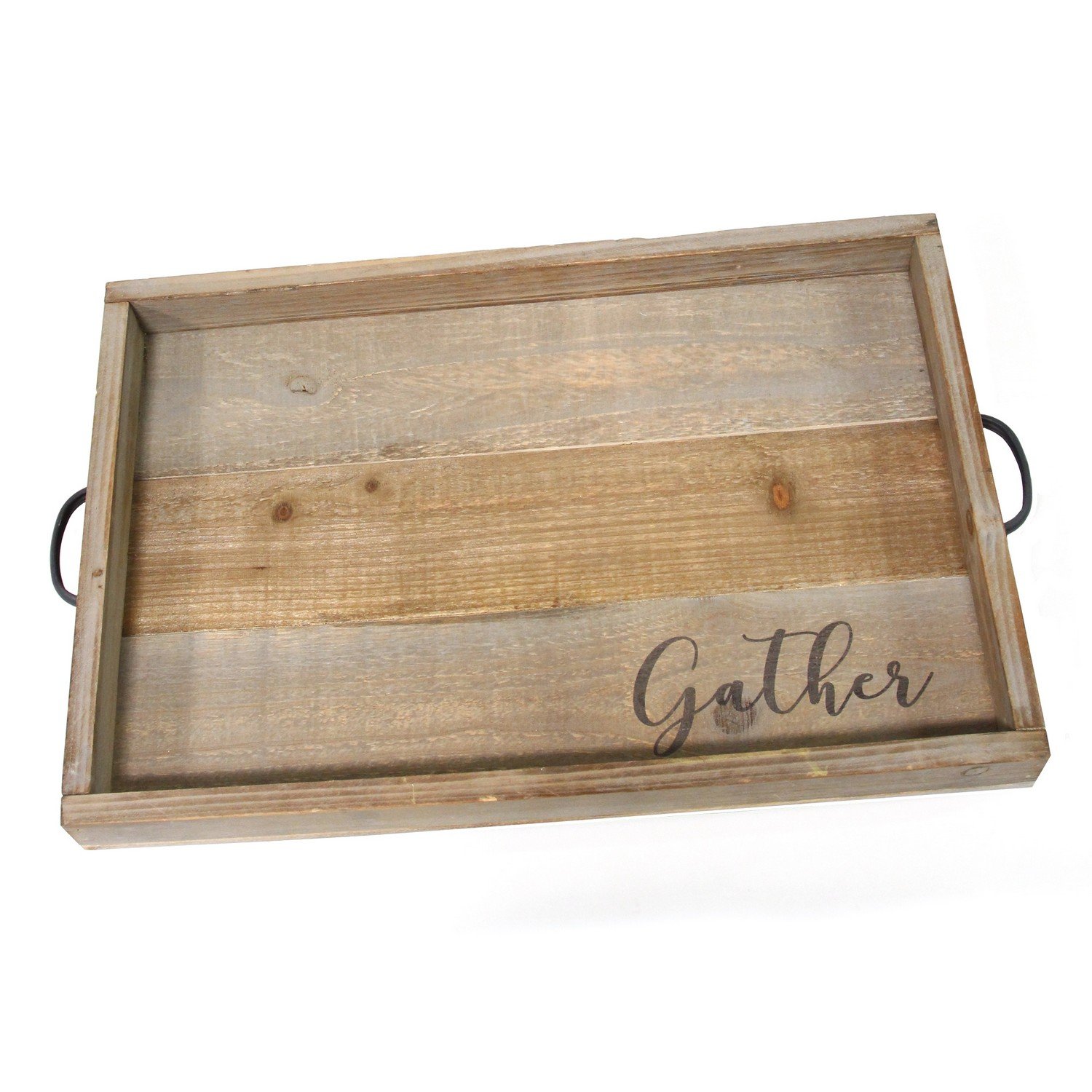 Handcrafted Distressed "Gather" Wood & Metal Tray