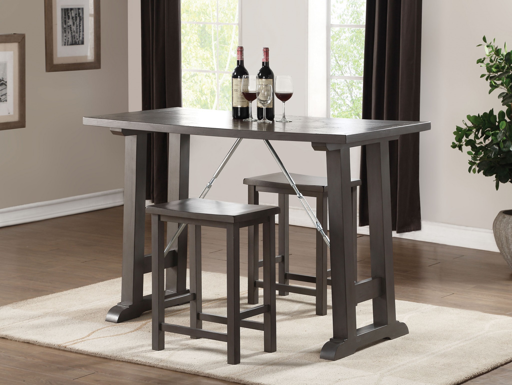 3 Piece Wooden Counter Height Set In Gray Oak & Chrome