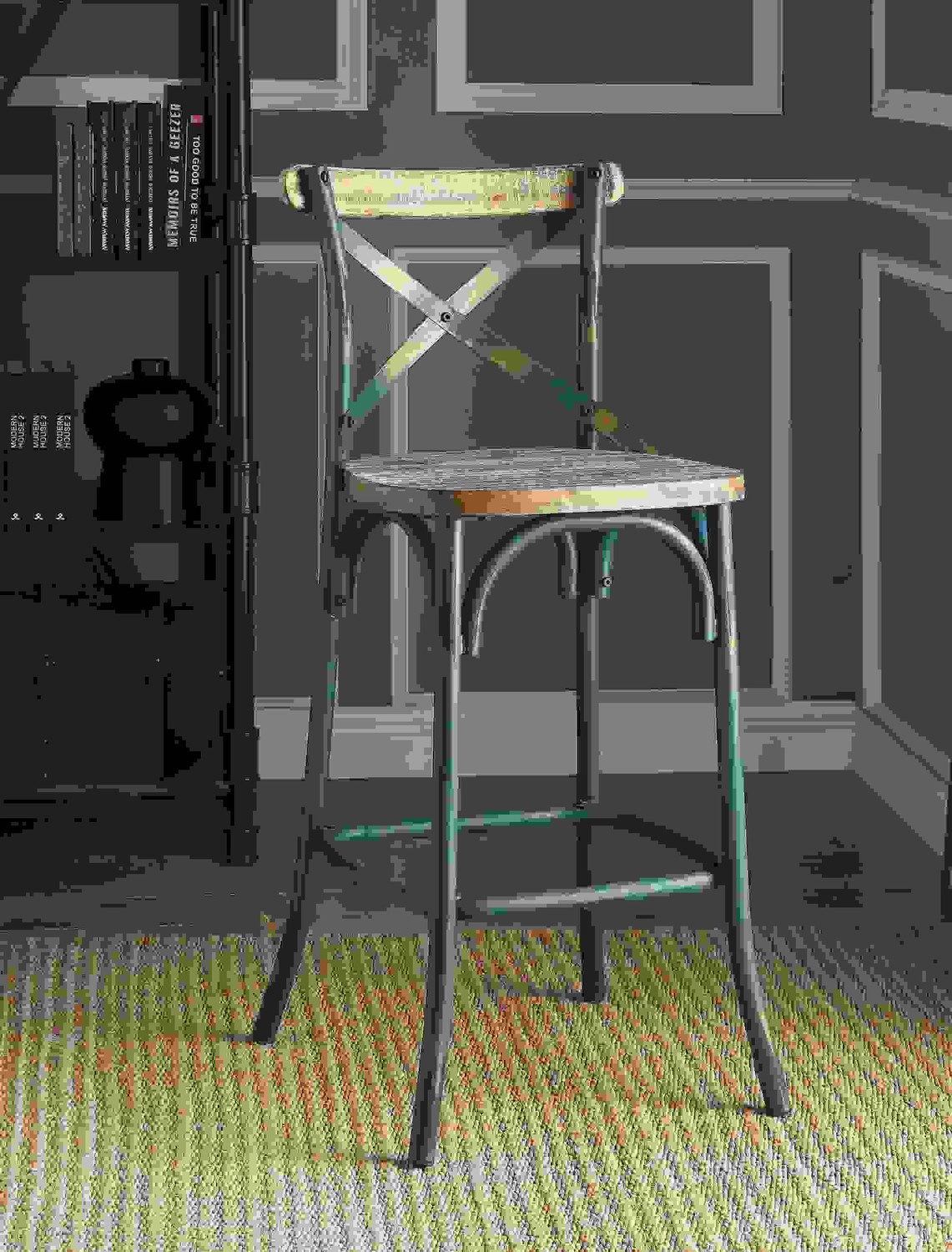 18" X 20" X 43" Antique Turquoise & Antique Oak Wood Bar Chair (1Pc)