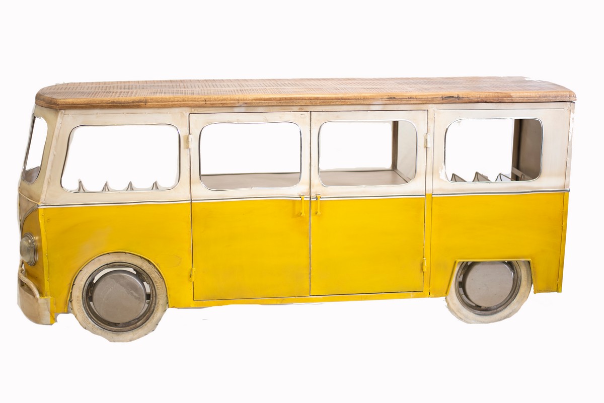 24" X 38" X 38" Yellow and White Peace Bus Wine Bar