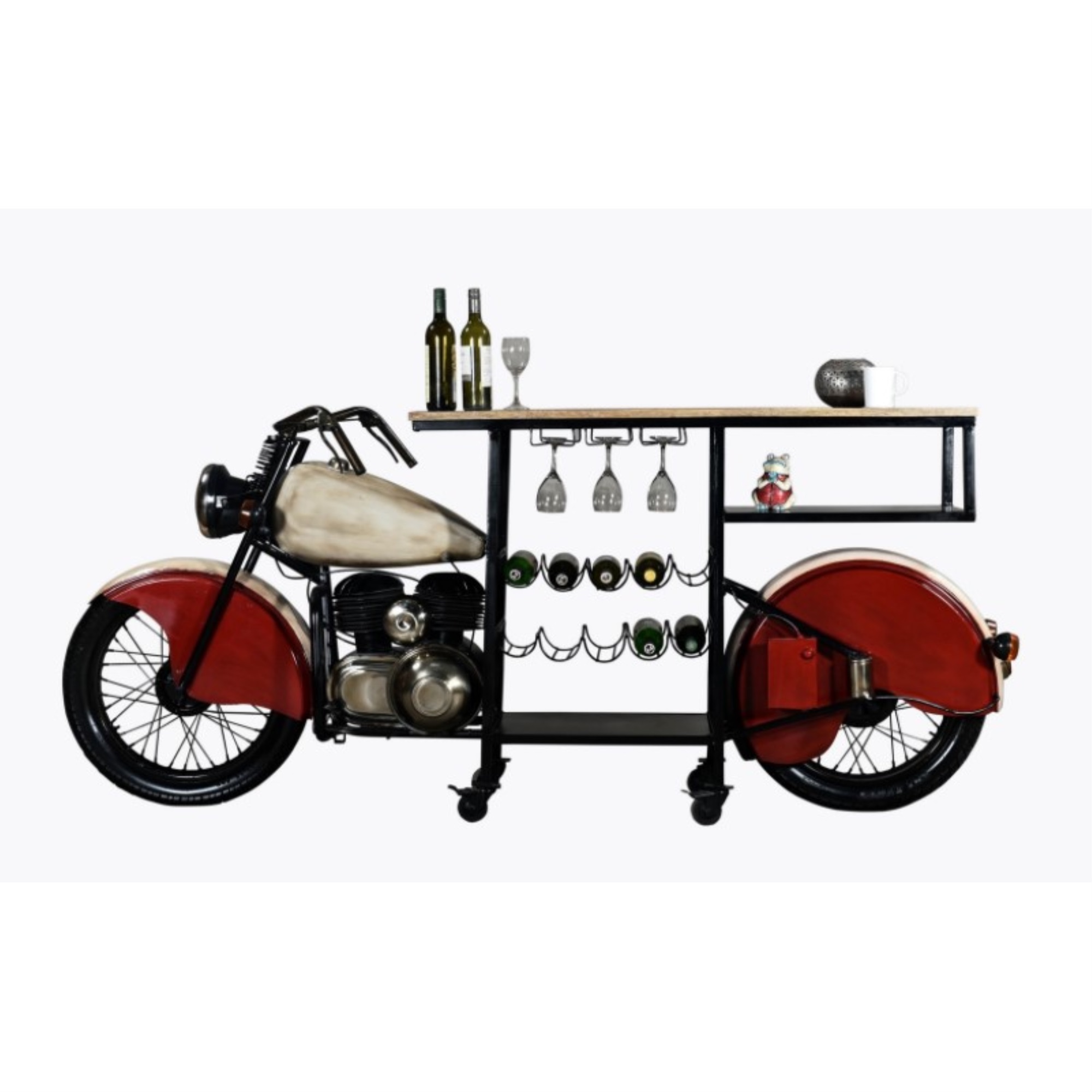 18" X 93" X 39" Red and White Motorcycle Wine Bar