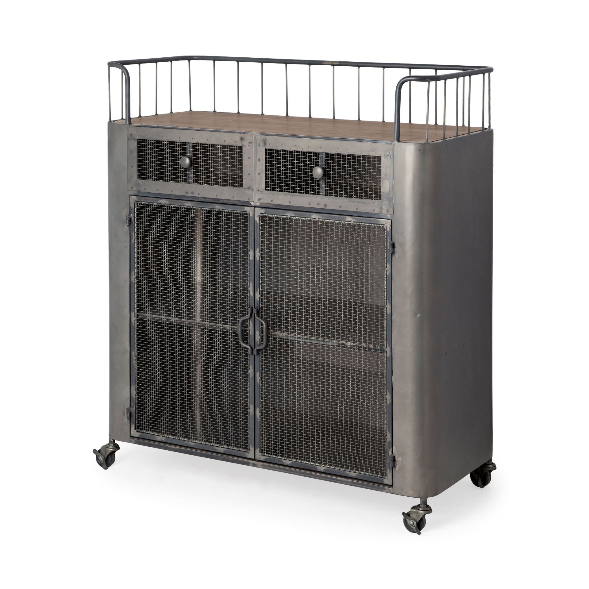 Rectangular Rustic Metal With Metal Door/Wood Top And Two Shelves Bar Cart