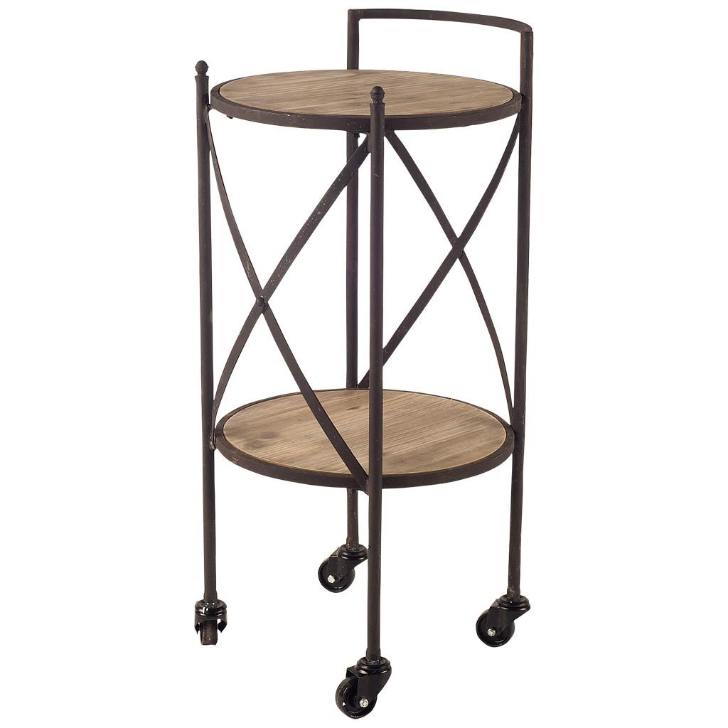 17" Black Metal With Two Brown Wooden Shelves Bar Cart