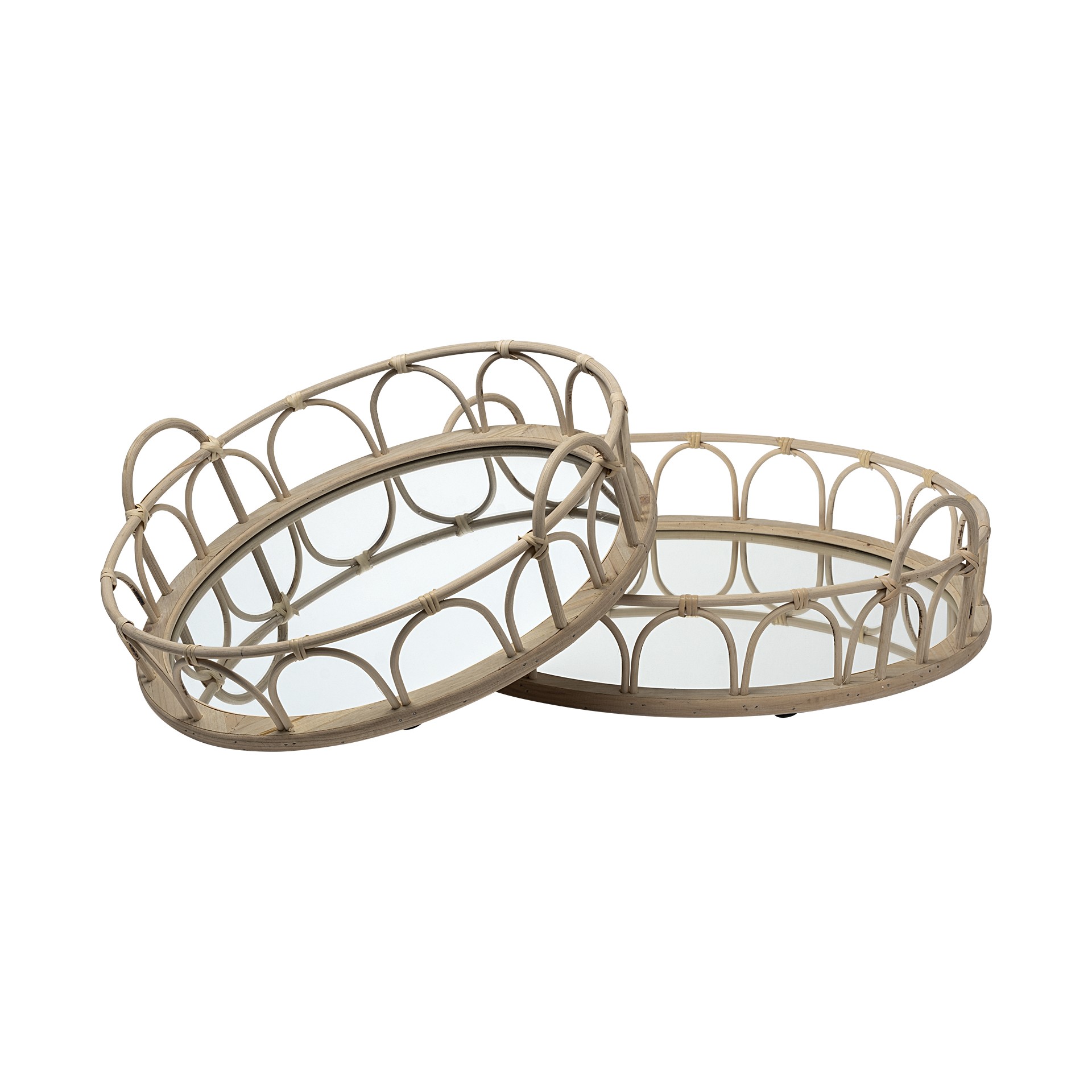 S/2 20" Natural Blonde Wood With Intricately Railings And Mirrored Glass Bottom Round Tray
