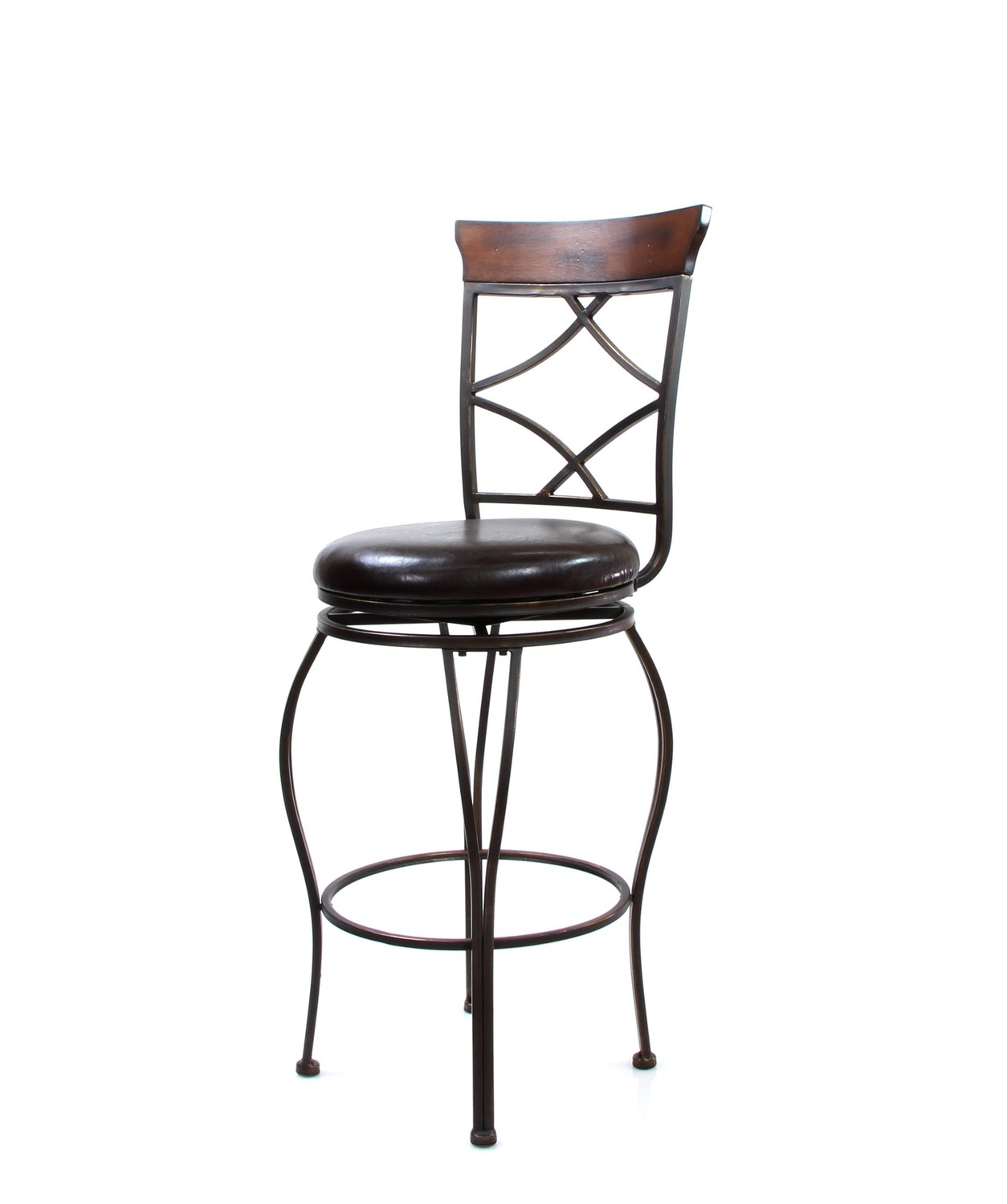 Set of 2 - 46" Antiqued Black and Cherry Finish with Espresso Faux Leather Seat Swivel Bar Chairs