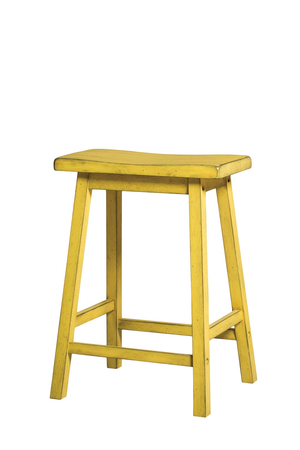 Set of 2 - 24" Distressed Yellow Wooden Finish Saddle Seat Backless Stools