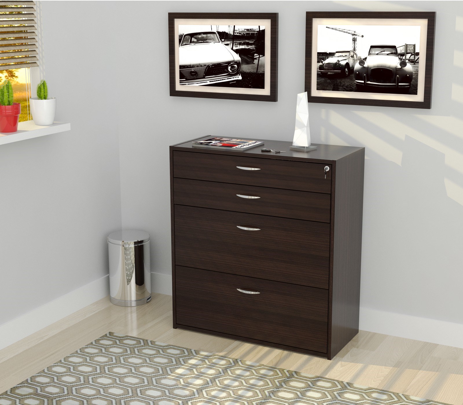 38.7" Espresso Melamine and Engineered Wood Filing Cabinet with 4 Drawers