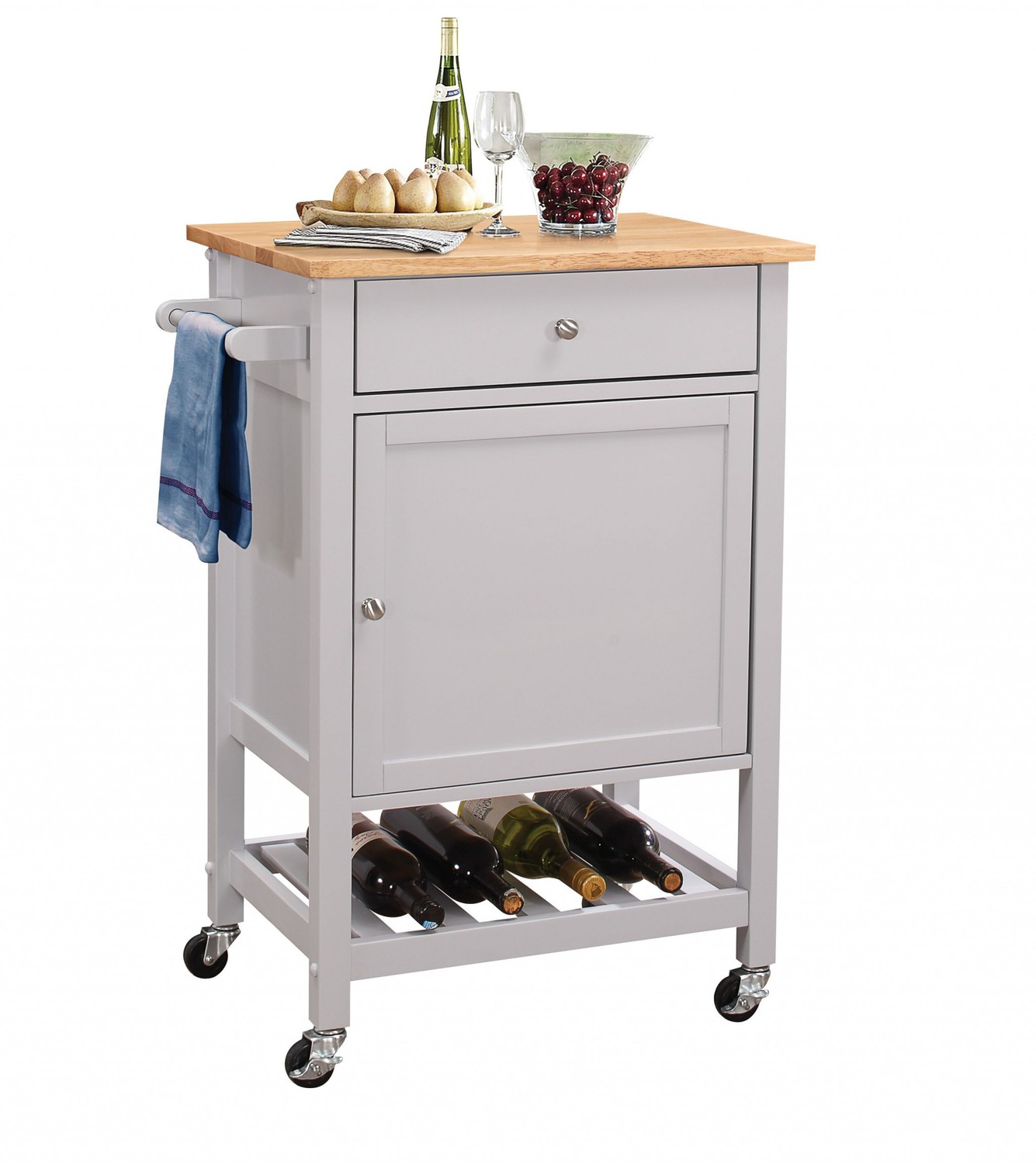 25" X 17" X 34" Natural And Gray Rubber Wood Kitchen Cart