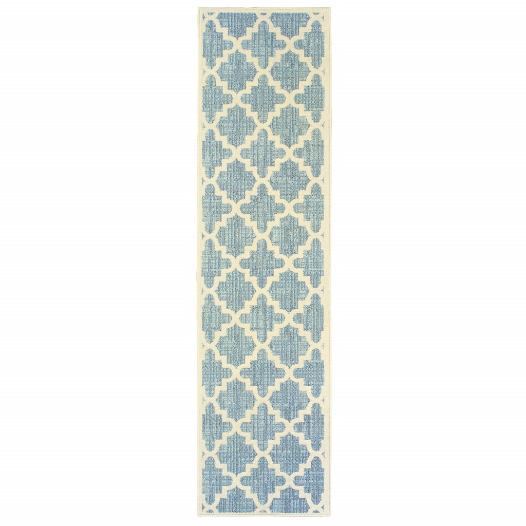 8' Tropical Light Blue and Ivory Quatrafoil Indoor Outdoor Runner Rug