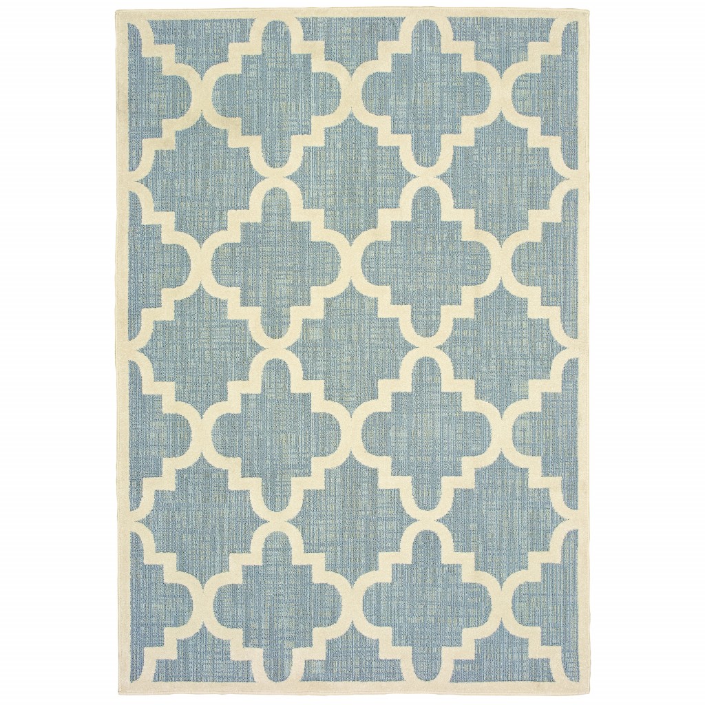 7' x 10' Blue Ivory Machine Woven Geometric Indoor or Outdoor Area Rug