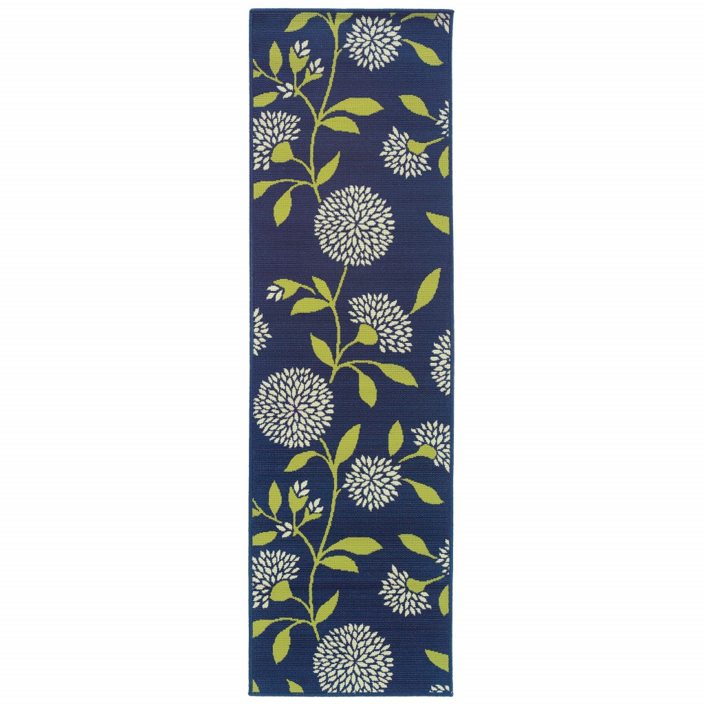 8' Indigo and Lime Green Floral Indoor or Outdoor Runner Rug