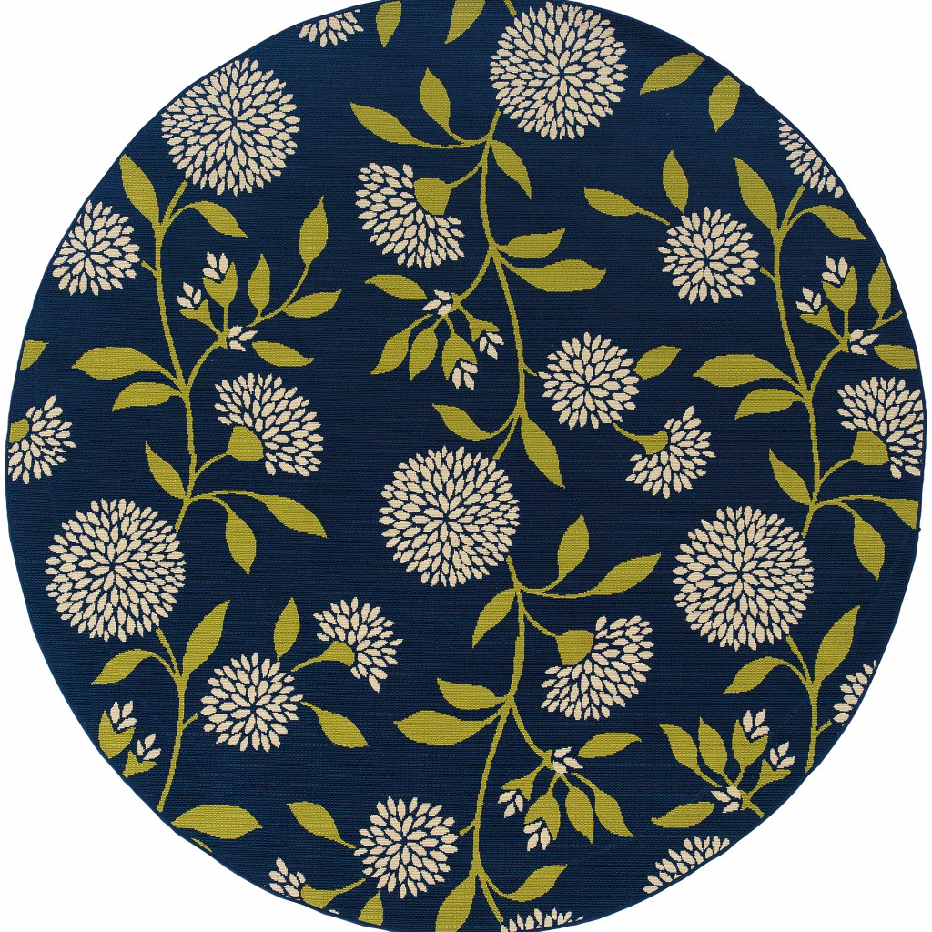 7' Round Indigo and Lime Green Floral Indoor or Outdoor Area Rug