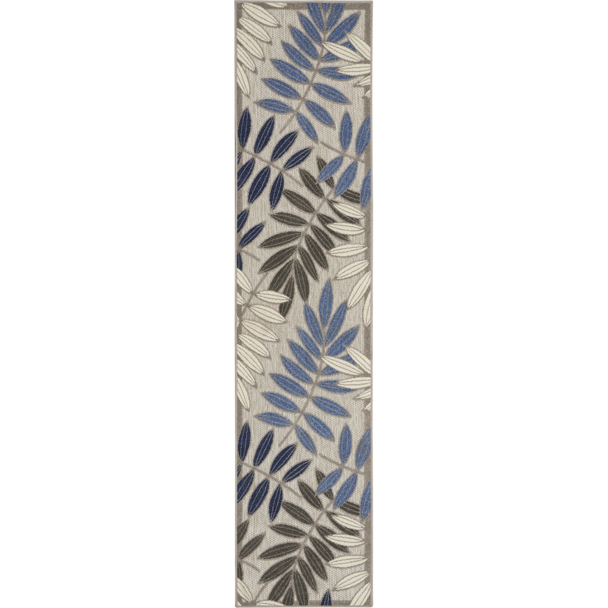 2 x 10 Gray and Blue Leaves Indoor Outdoor Runner Rug