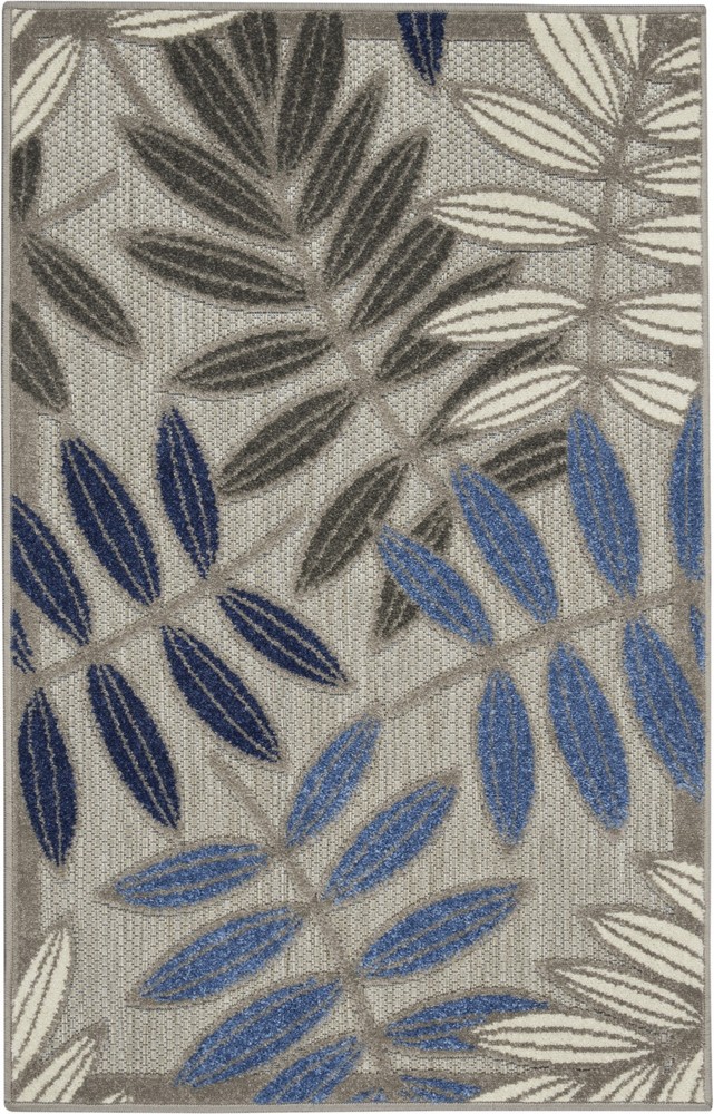 3 x 4 Gray and Blue Leaves Indoor Outdoor Area Rug