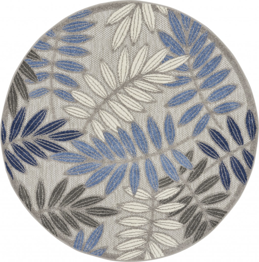 4 Round Gray and Blue Leaves Indoor Outdoor Area Rug