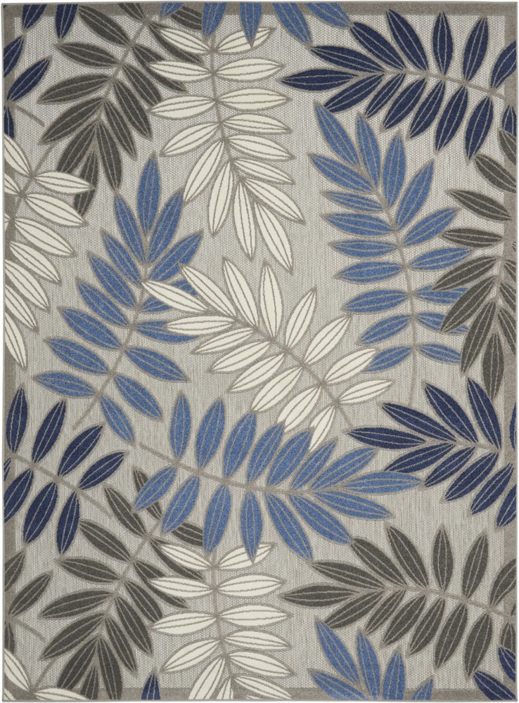 8 x 11 Gray and Blue Leaves Indoor Outdoor Area Rug